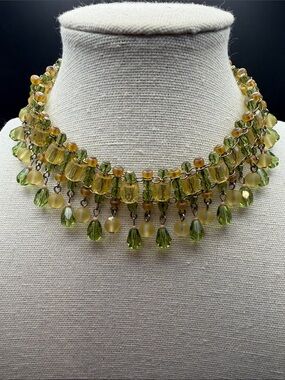 Vintage Olive Green Cascading Fringe Beaded Choker Necklace